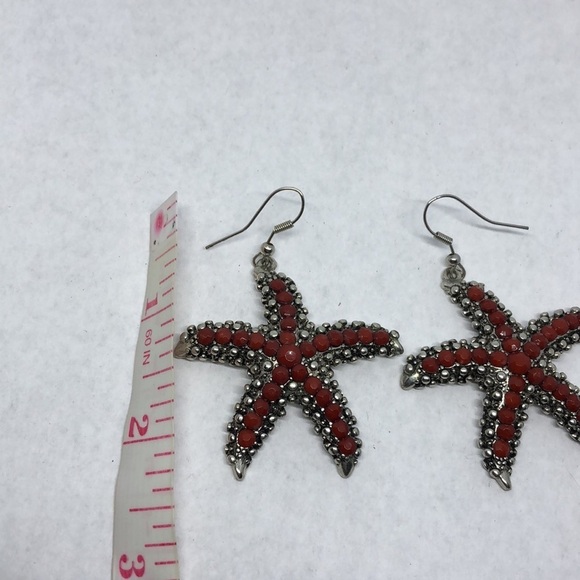 Antique silver tone starfish rhinestone faux coral earrings statement boho beach - Picture 3 of 3